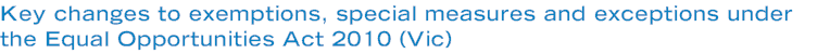 Key changes to exemptions, special measures and exceptions under the Equal Opportunities Act 2010 (Vic)