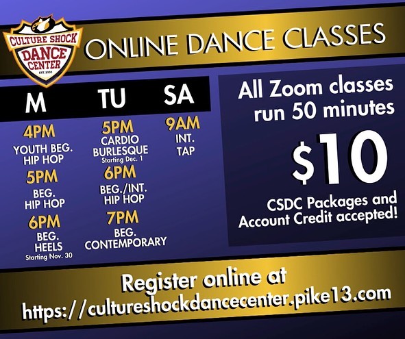 We hope you can join us ONLINE these next 2 weeks! This is a great way to support, get some dancing in, & use up remaining CSDC Account Credit or packages!